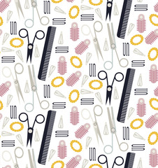 Hair care element vector illustration seamless pattern. Beauty salon collection icons. Hair style, haircut, hairbrush, scissors, curlers, hair clips, hairpins, hair combs.