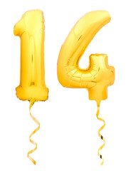 Golden number fourteen made of inflatable balloon with golden ribbon on white