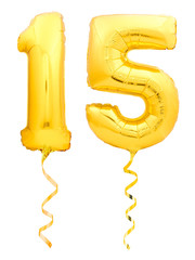 Golden number 15 fifteen made of inflatable balloon with ribbon isolated on white