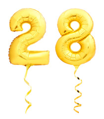 Golden number 28 twenty eight made of inflatable balloon with ribbon isolated on white - obrazy, fototapety, plakaty
