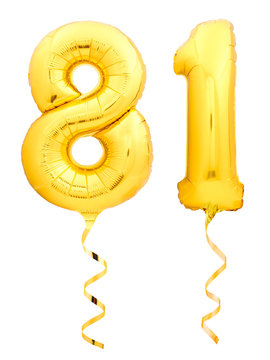 Golden number eighty one 81 made of inflatable balloon with ribbon on white