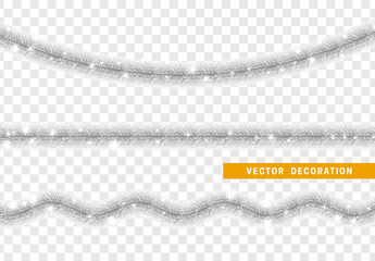 Christmas traditional decorations silver tinsel. Xmas ribbon garland isolated realistic decor element