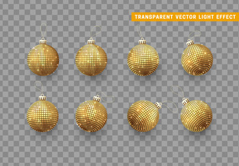 Christmas balls and bauble gold color. Xmas golden ornament glowing decoration elements. New Years small showy glittering decor. Object isolated a background with transparent effect.