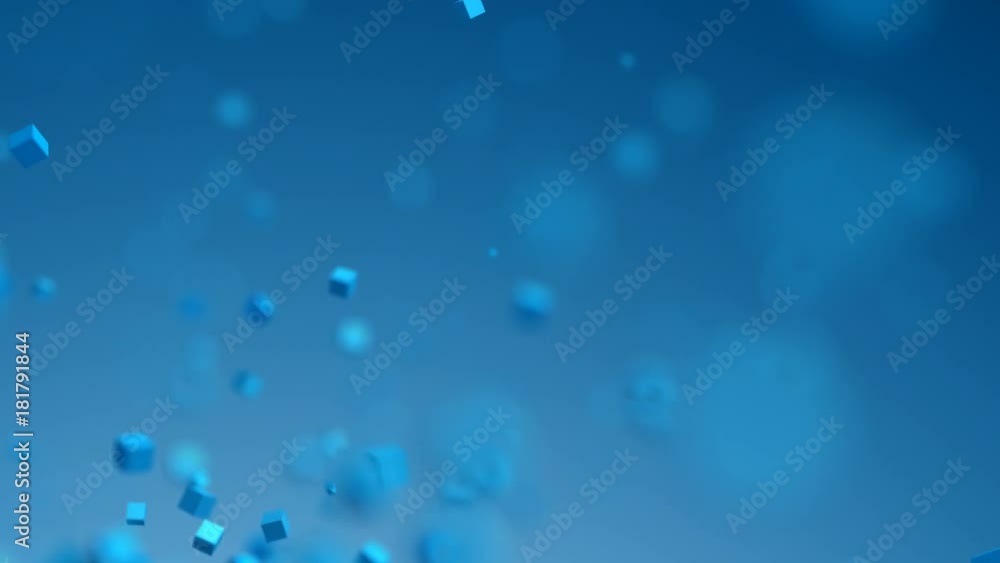 Poster abstract 3d rendering of chaotic particles. computer generated flying polygonal cubes in empty space