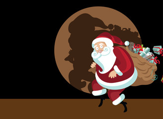 Cartoon Santa Claus caught red handed in the spotlight while delivering Christmas gifts. EPS 10 vector illustration.