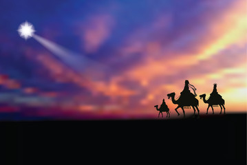 Plakat Three wise men following the star to baby Jesus. EPS 10 vector illustration.