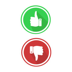 Set red and green icons buttons. Thumb up and down. Like and dislike. Confirmation and rejection. Yes and no. Vector illustration.