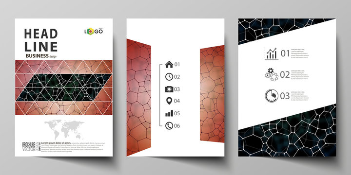 Business templates for brochure, flyer, report. Cover design template, vector layout in A4 size. Chemistry pattern, molecular texture, polygonal molecule structure, cell. Medicine microbiology concept