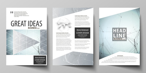 Business templates for brochure, magazine, flyer, booklet. Cover design template, vector layout in A4 size. Chemistry pattern, connecting lines and dots, molecule structure, medical DNA research.