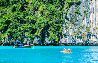 Kayak boat in MAYA Bay Phi Phi Islands Andaman sea  Krabi Thailand.