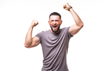Fototapeta premium Spain win. Victory, happy and goal scream emotions of Spain football fan in game support of Spain national team on white background. Football fans concept.