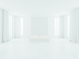 Render of White  bedroom interior with bed and windows 