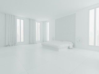 White  bedroom interior with bed and windows 