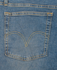 Textur und Hintergrund aus Jeans Denim Stoff im Flat Lay Still