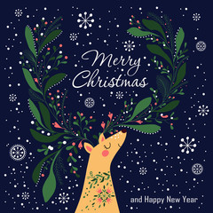 Fototapeta premium Christmas illustration with cute deer wearing Christmas garland and snowflakes. Holiday greetings card design. Vector illustration.