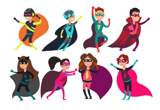 Preschool boys and girls superheroes. Super kid cartoon characters in party costumes