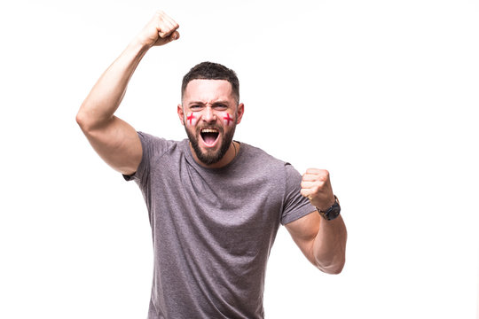 England win. Victory, happy and goal scream emotions of England football fan in game support of England national team on white background. Football fans concept.