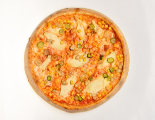 American pizza and pizzeria concept. Spicy pizza with capers