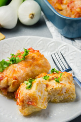 Stuffed cabbage in a baking dish with ingredients. Selective focus, close up.