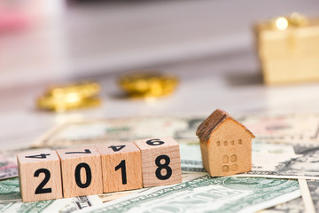 2018 new year cubes with the house model on group of cash
