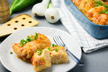 Turkey stuffed cabbage rolls. Selective focus, close up.