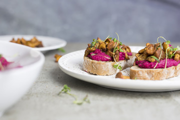 Beetroot Hummus with Wild Mushrooms Sandwich