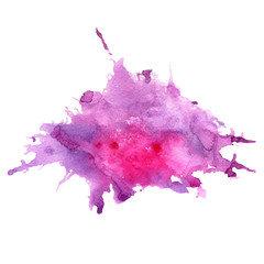 Watercolor purple and pink stain with blots, paper texture, isolated on a white background