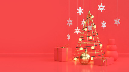 3d rendering red scene abstract christmas tree-gold cone snow floating with gift box gold ball christmas new year holiday concept