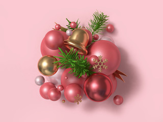 gold red metallic ball-sphere abstract christmas ball bell green leaf floating pink background 3d rendering christmas new year holiday concept