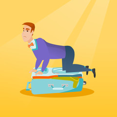 Young caucasian white man sitting on a suitcase and trying to close it. Frustrated man having problems with packing a lot of clothes into a suitcase. Vector cartoon illustration. Square layout.
