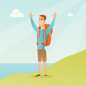 Young caucasian white tourist with a backpack standing on the cliff with raised hands and enjoying the scenery. Happy tourist hiking in the mountains. Vector cartoon illustration. Square layout.