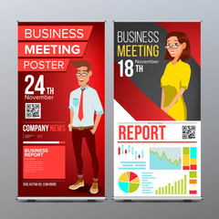 Roll Up Stand Vector. Vertical Flag Blank Design. Businessman And Business Woman. For Business Conference. Invitation Concept. Red, Yellow. Modern Flat Illustration