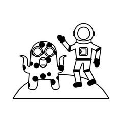 astronaut with alien comic character icon vector illustration design