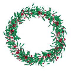 Decorated Merry Christmas wreath of forest plants, ilex red holly berries branches, leafs. Winter plants holiday decoration. Watercolor ink hand drawn illustration. Round vintage frame Christmas card 