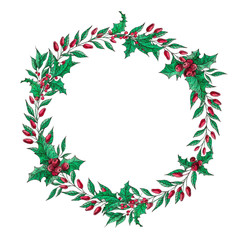 Fototapeta premium Decorated Merry Christmas wreath of forest plants, ilex red holly berries branches, leafs. Winter plants holiday decoration. Watercolor ink hand drawn illustration. Round vintage frame Christmas card 