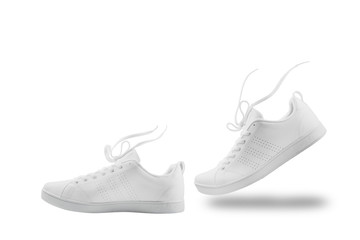 Pair of White sneaker composition like walking and floating rope  isolated on white background with clipping path