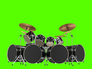 Large, cool, black drum kit. Isolated on green