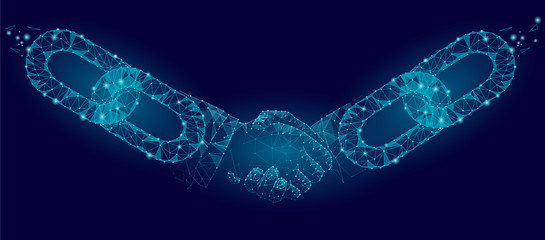 Blockchain technology agreement handshake business concept low poly. Polygonal point line geometric design. Hands chain link internet hyperlink connection blue vector illustration