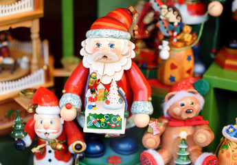 Handmade wooden Christmas toys sold at traditional European Christmas market