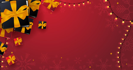 Marry Christmas and Happy New Year banner on red background. Vector illustration.