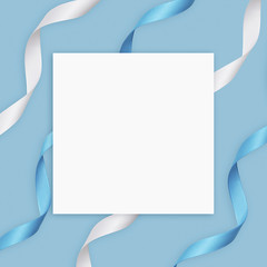 Baby boy arrival greeting card with blue satin ribbon background