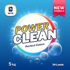 Clean power - soap and laundry detergent packaging. Washing powder product label vector illustration