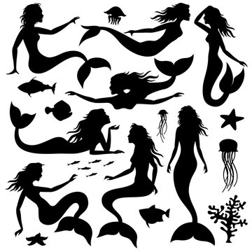 Swimming underwater mermaid black vector silhouettes