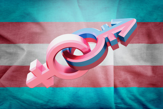 Sex Symbol in colors of transegender on blue and pink background. Idea and leadership concep. 3d illustration.