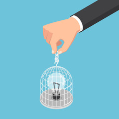 Isometric businessman hand holding birdcage with light bulb.