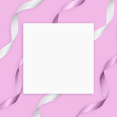 Baby girl arrival greeting card with pink satin ribbon background