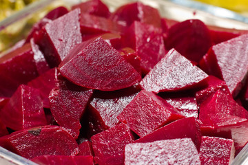 Cooked beets, sliced. Selective focus. Macro shoot.