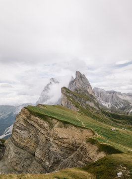 Mount Seceda (2500m) in Dolomites, Italy during cloudy day