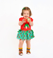 toddler baby in a christmas costume. New Year costume of emotion