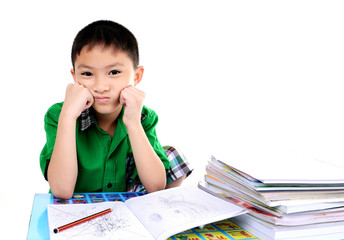Student boy tired to do homework